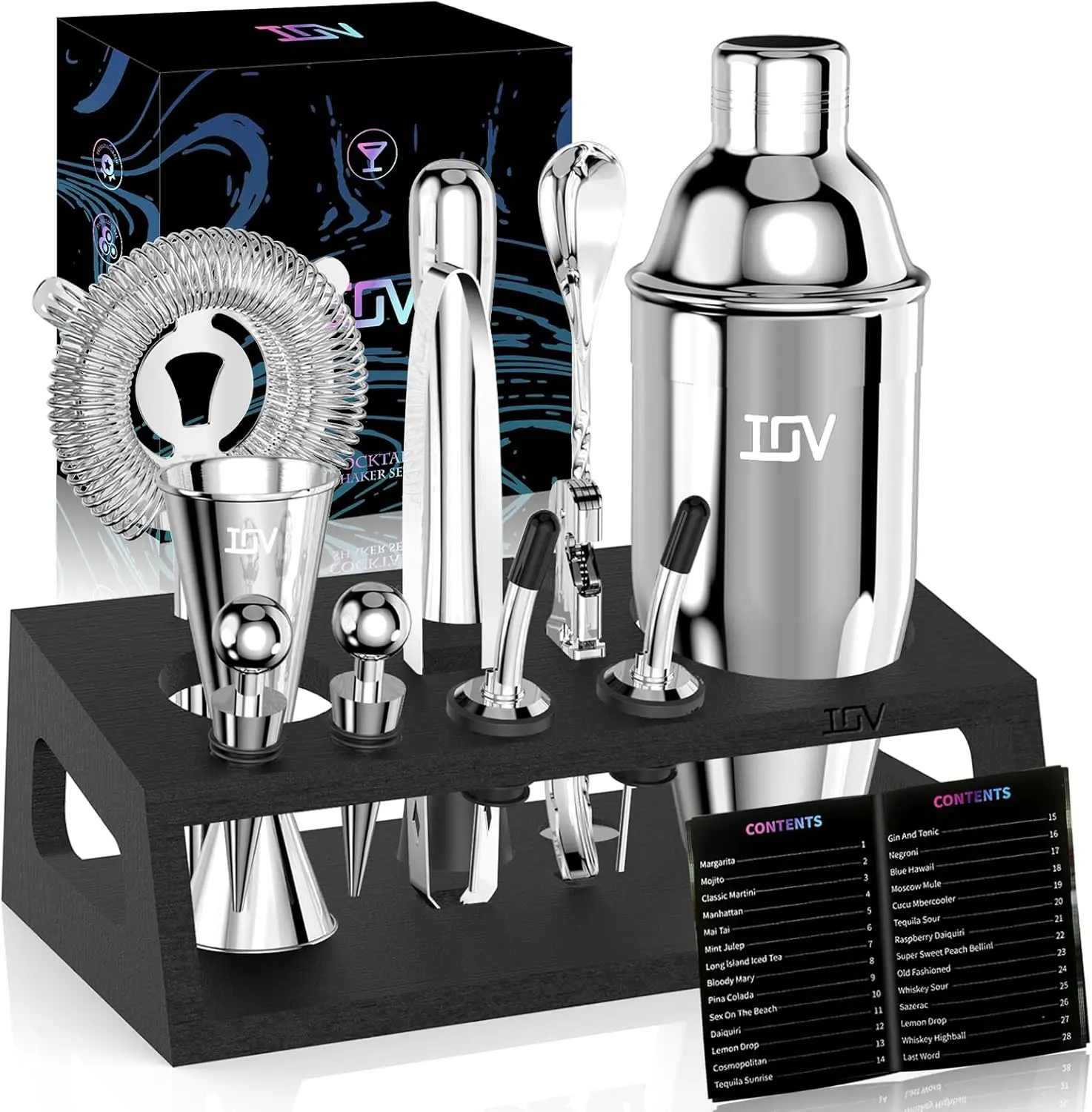 IOV 12-Piece Cocktail Shaker Set - Rust-Resistant Complete Bar Utensils Kit with Jigger for Measure, Bamboo Stand Tidy, Bottle Opener, Colorful Set Brightens Every Home Bar, Perfect Gift for Parties
