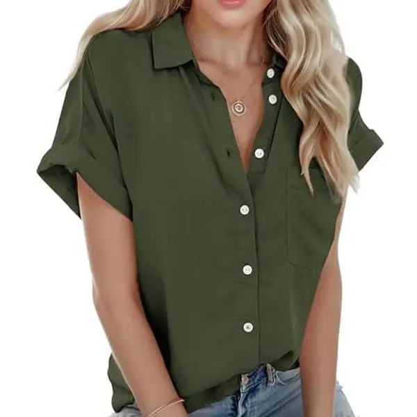 ZEAGOO Women's Tunic Blouse, Chic Formal Shortsleeve Spandex V-Neck Button Down with Pockets for Office Work, Casual, Fabric, Basic, Soft, Clothes, Ladies, Dressy Tops, Shirt