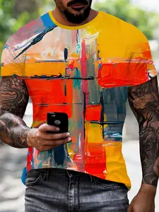 Abstract Oil Painting Landscape Print T-Shirt, Art Graffiti Style Short Sleeve, Fashion Comfort Design, Perfect Daily Wear, Ideal Gift Choice