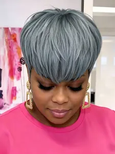 Short Pixie Cut Human Hair Wig with Bangs, Full Machine Made Wig for Women, Natural Layered Salt and Pepper Human Hair Wigs