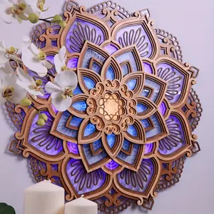 One Piece Mandala Yoga Room Night Light Led Multi-Layer Wooden Creative Lotus-Shaped Modeling Ambience Light Living Room Bedroom Bathroom Kitchen Wall Decoration