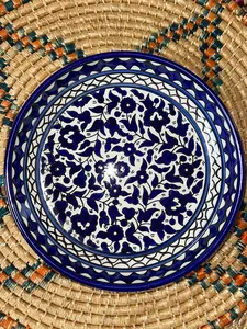 Palestine Pottery Flat Bowl Blue Floral 29 cm Design Handmade Made in Palestine خزف مصنوع في فلسطين