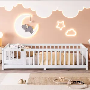 Twin Size Bed Floor Bed with Safety Guardrails and Door for Kids, White