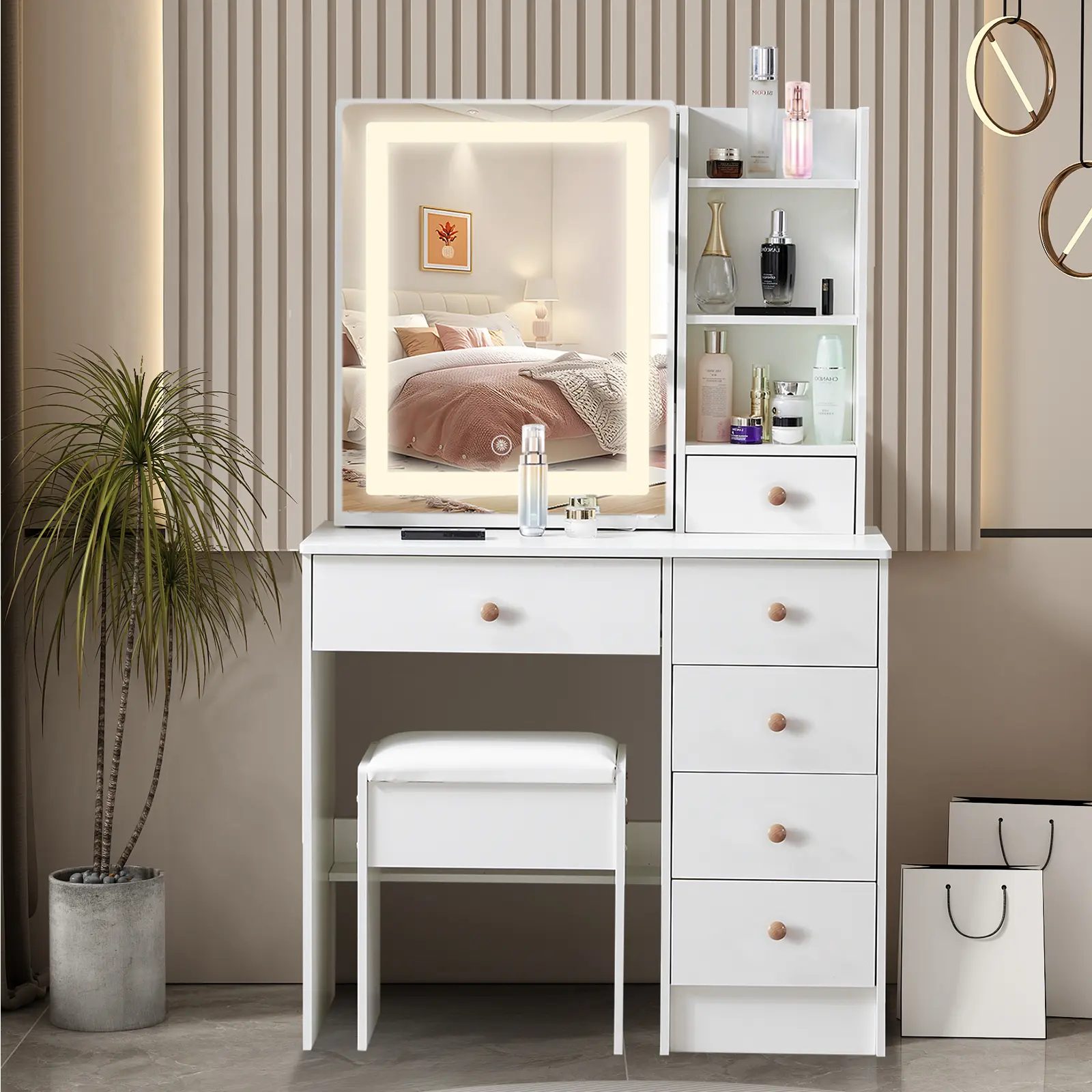 Modern Vanity Desk with LED Sliding Mirror, 6 Drawers, Shelves & Stool - Contemporary Indoor Dressing Table, Makeup Vanity Desk, Modern Mirror Cabinets for Bedroom Furniture (Easy Assembly)