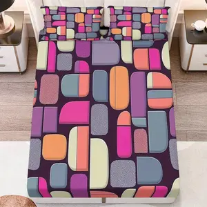 3pcs Modern Geometric Colorful Blocks Bed Sheet Set - Soft Bedding Sheet, Breathable Sheets, Soft, Breathable Polyester, Fitted Sheet & Pillowcases, All-Season Comfort, Machine Washable, Digital Print