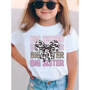 Big Sister Girls Leopard Print Bow Cotton T-Shirt - Comfortable Stretchy Round Neck Short Sleeve Top, Fun and Stylish Design for All Seasons, Shirts for Girls