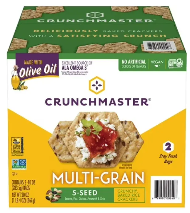 Crunchmaster Multi-Grain 5-Seed Crackers 20 oz. Gluten-Free Non-GMO Oven-Baked with Olive Oil & Seeds for Snacking
