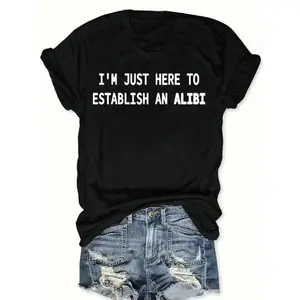 Retro-Inspired Women'S T-Shirt - Casual Short Sleeve Crew Neck with Fun Cartoon Print "I'm Just Here to Establish an Alibi" - Soft & Breathable Black Tee for Spring/Summer, Perfect for Casual Outfits,tee