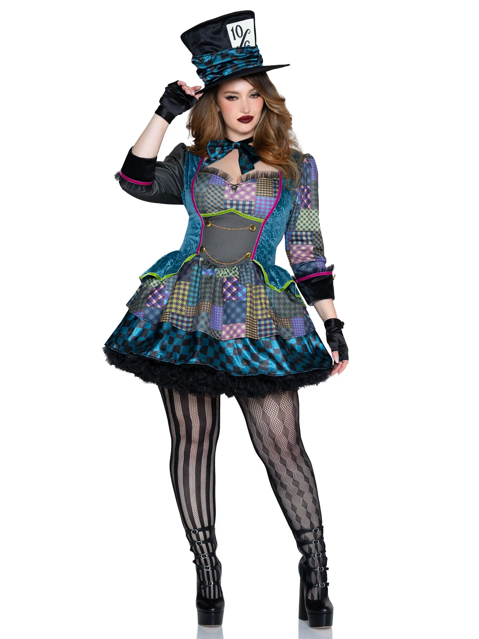Women's Oversized Mad Hatter Statement Costume - Patchwork Top & Skirt Colorful Party Outfit, Spandex Fabric (Plus Size Style)
