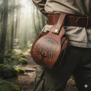 Vintage Leather Dice Pouch Waist Bag with Adjustable Belt | Medieval Style Drawstring Coin Purse for Tabletop Gaming | Lightweight Travel Accessory with Dustproof Lining & Decorative Buckle Waist Packs