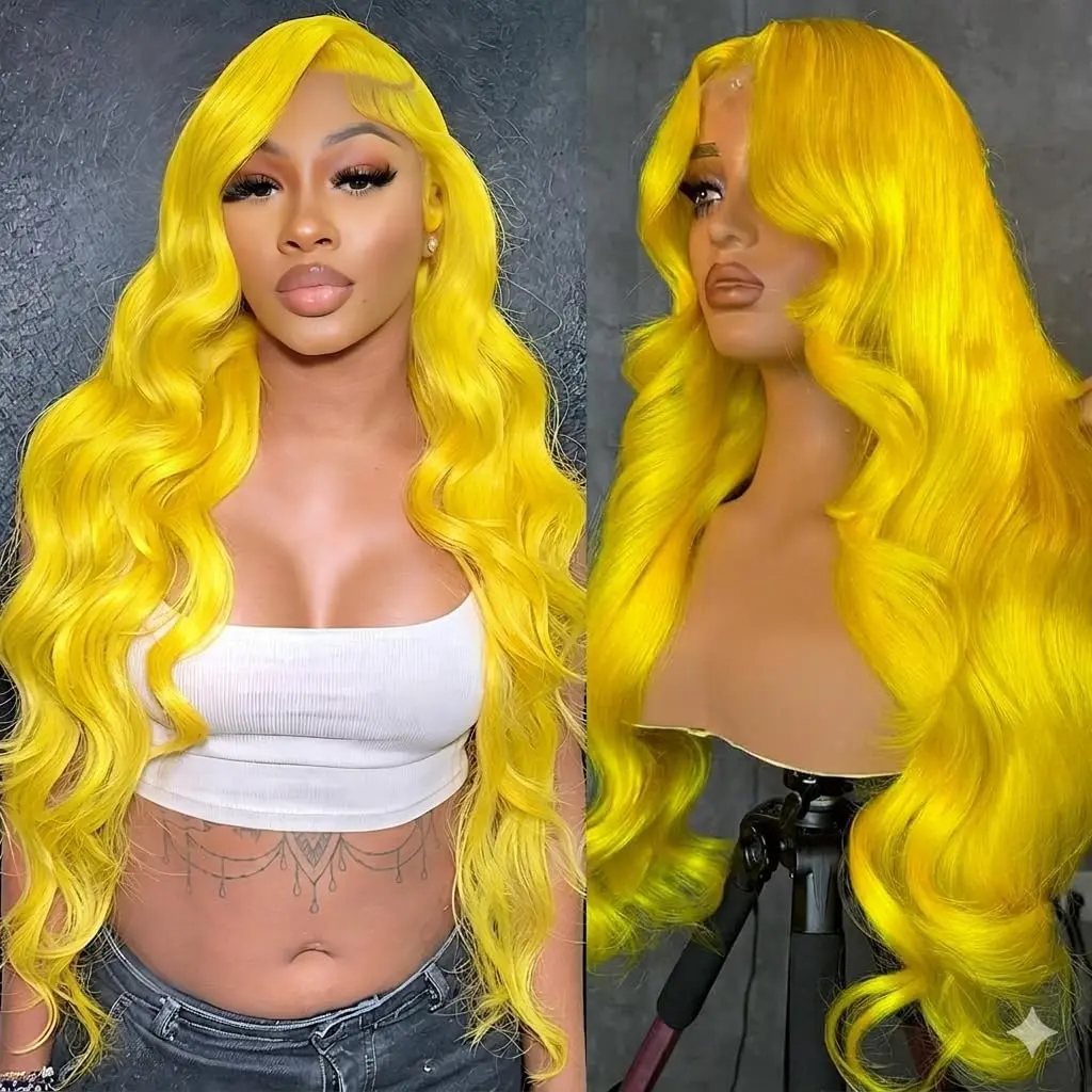 Yellow Wig Human Hair Yellow Lace Front Wig Human Hair 13x6 Body Wave Human Hair Lace Front Wigs Pre Plucked HD frontal wigs human hair 180% Density 24 Inch