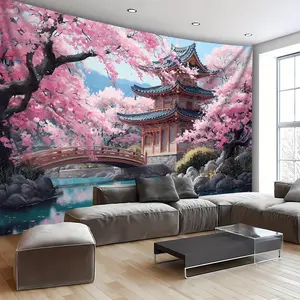 1pc Extra Large Japanese Cherry Blossom Pagoda Tapestry - Korean/Chinese-Inspired Korean Hanok House & Pagoda Design - Soft Wrinkle-Resistant Fabric - HD Wallpaper-like Wall Hanging for Living Room, Bedroom, Office - Easy Hanging Clips Included - Indoor D