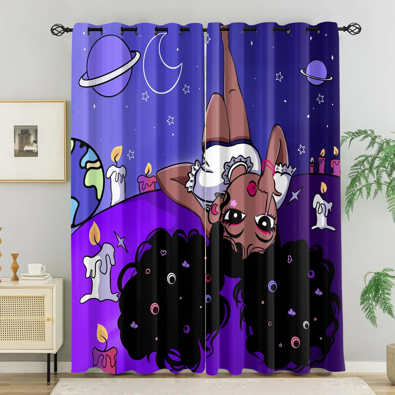 Celestial Black Girl Magic Curtains for Living Room,Y2K Purple Galaxy Window Curtains,Cute Afro Elf Shower Curtain,Trendy Witchy Bedroom Decor with Planets & Candles,Funky Boho Home Decor for Teens & Girls