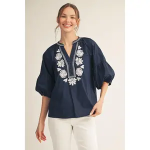 Jodifl Embroidered Button-Up Notched Neckline Blouse with 3/4 Balloon Sleeves