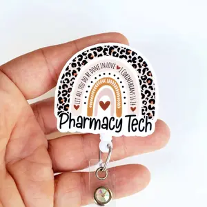 Pharmacy Tech Badge Reel, Rainbow Retractable ID Holder, Pharmacy Staff Gift SFG