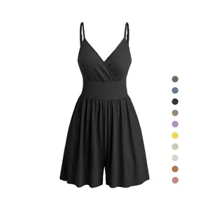 Women's Plain Backless Wrap Cami Romper, Casual Adjustable Spaghetti Strap Wide Leg Romper, Summer Outfits 2024, Ladies Clothes for Daily Wear