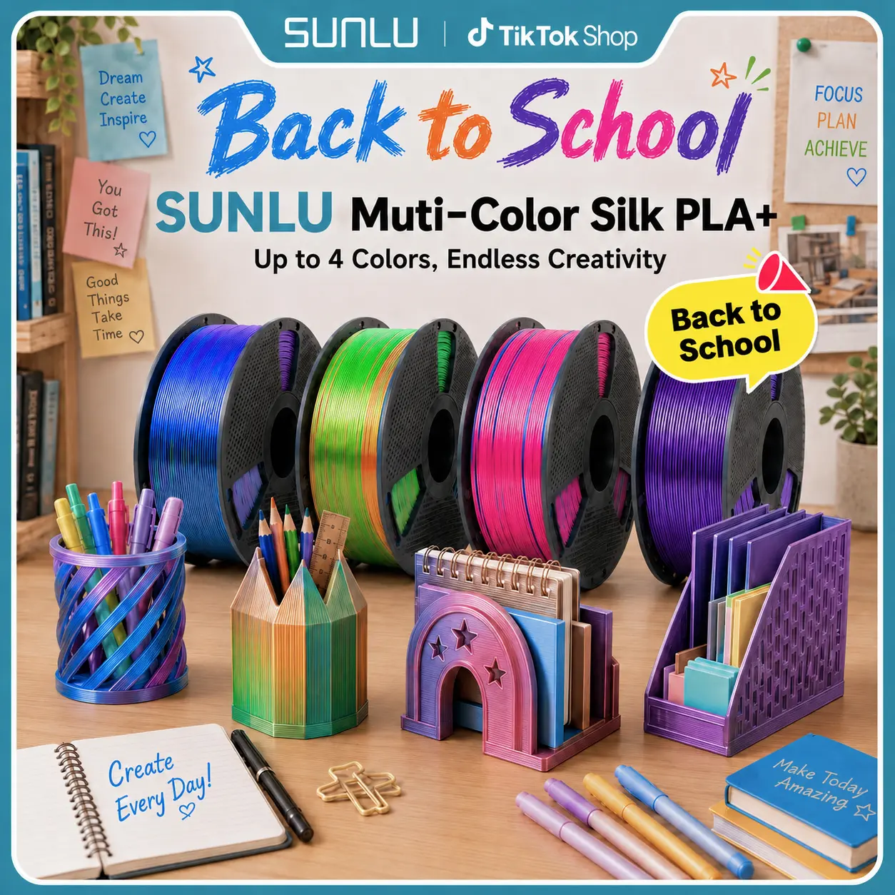 Back to School | SUNLU 1KG Multi-Color Silk PLA 3D Printer Filament, Dual-Color, Tri-Color & Four-Color Options, Smooth Glossy Finish, Beginner-Friendly for Creative Printing