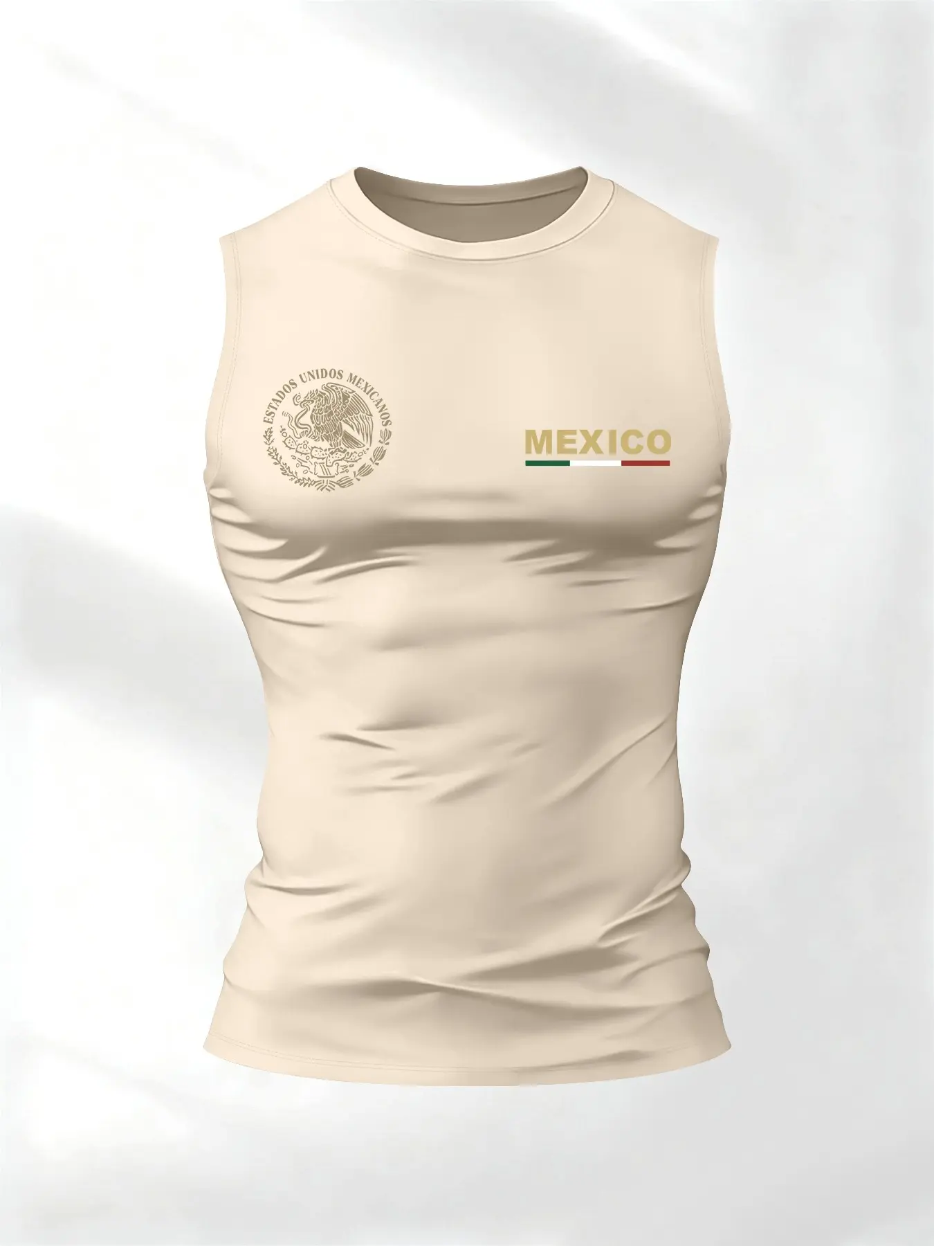 Men's Sleeveless Design Round Neck T-Shirt Vests, Sporty Running Gym Tee, Fashion Mexican Emblem Print, Summer Wear, Trendy and Comfortable Fit, Sports Apparel, Sleeveless Sports Top