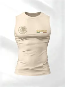 Men's Sleeveless Design Round Neck T-Shirt Vests, Sporty Running Gym Tee, Fashion Mexican Emblem Print, Summer Wear, Trendy and Comfortable Fit, Sports Apparel, Sleeveless Sports Top