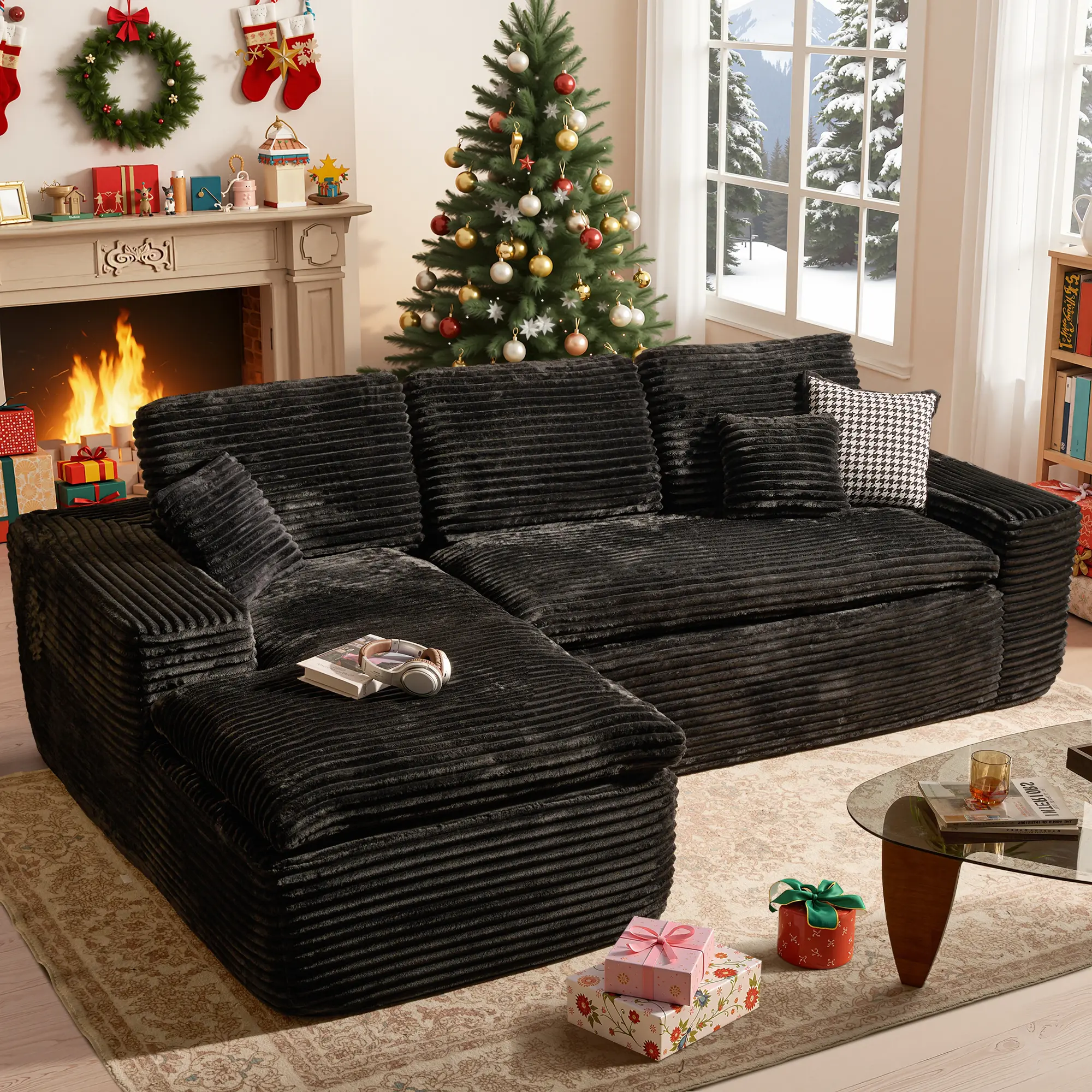 【2 Packages Shipping】HOOOWOOO 106" Plush Corduroy Cloud Velvet Modular Boneless Couch with Chaise, No Assembly Required - L/U-Shaped Sectional Sofa Set with Flexible Configuration - 3 Seater