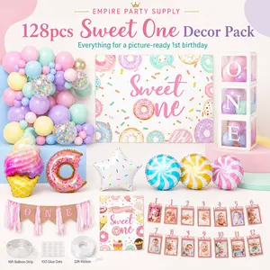 Sweet One Donut Ice Cream Candy Balloons Boxes Garland, 1st Birthday Girl Photo Backdrop, 12 -Milestone Banner Decorations (128 Pcs)