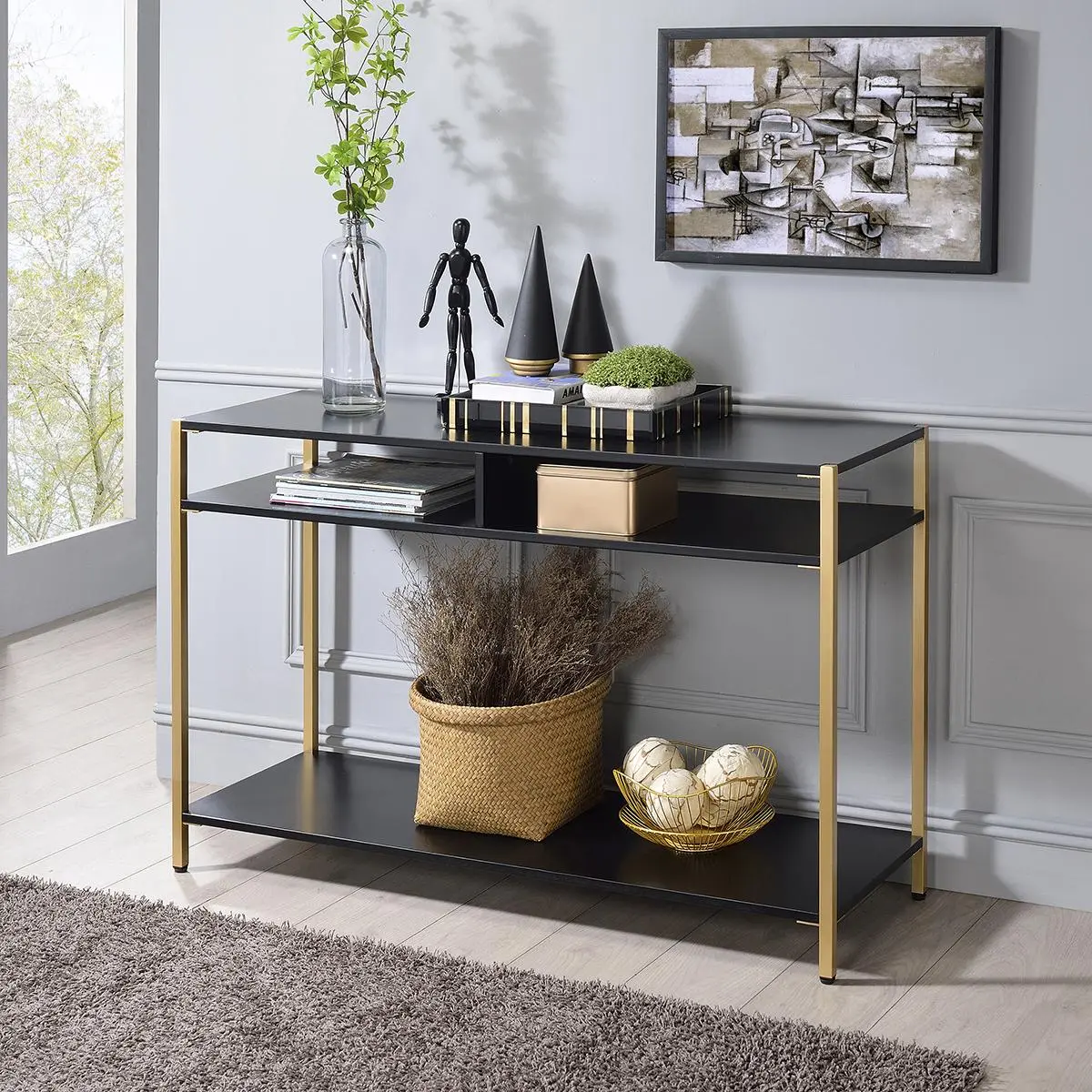 24/7 Shop At Home Rheanon Modern Metal 3-Shelf Console Table for Living, Hallway, Bedroom, Dressing Room
