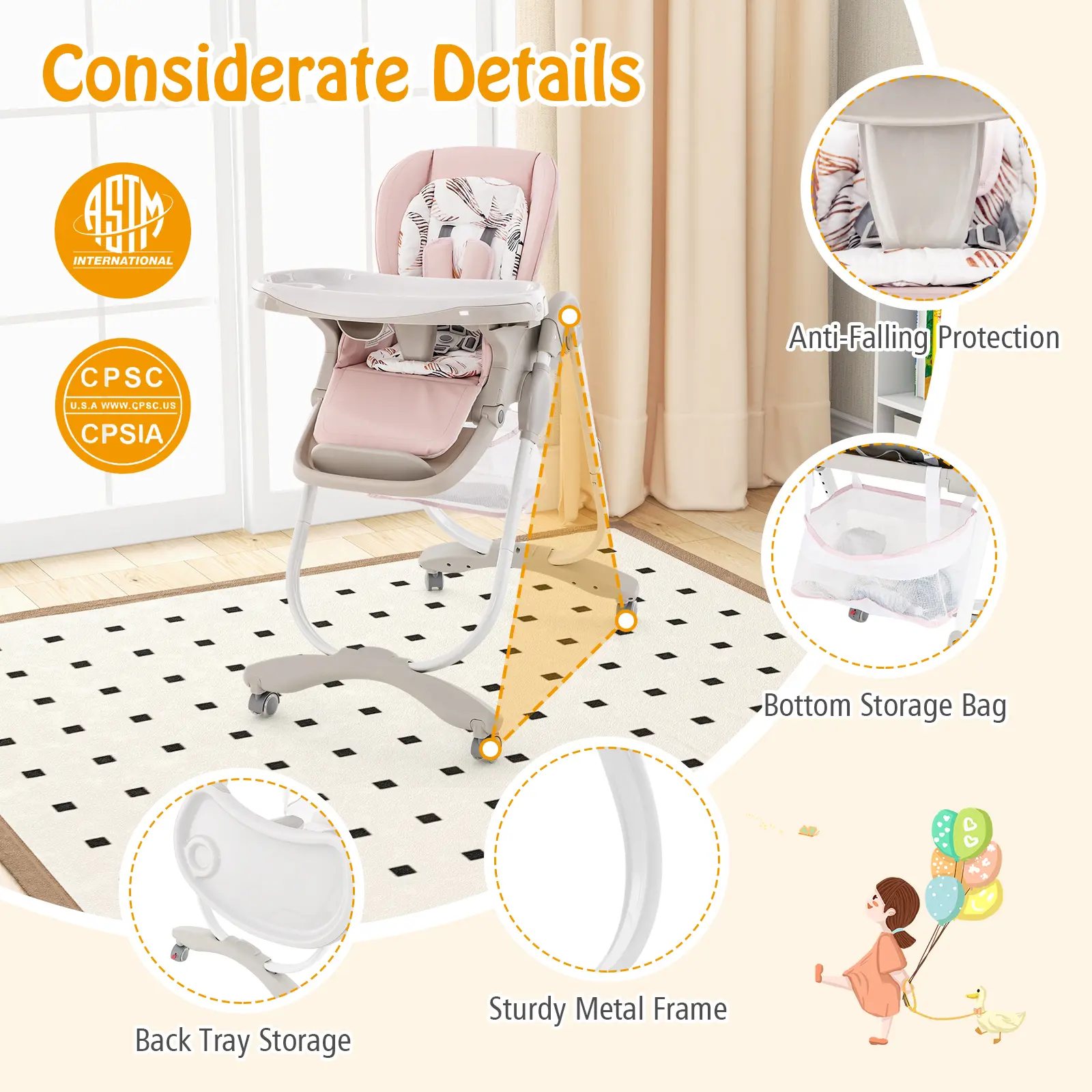 COSTWAY - Multifunctional Folding Baby High Chair with Rolling Wheels and Adjustable Height-Pink
