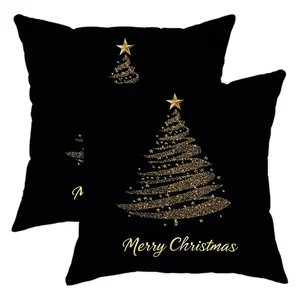 2pcs, Merry Christmas Holiday Pillowcase, Black and Golden Christmas Tree Pillowcase, Decoration for Couch Sofa, Sofa Cushion Cover, Room Decor and Bedroom Decor, Single Sided Printing, No Pillow Core