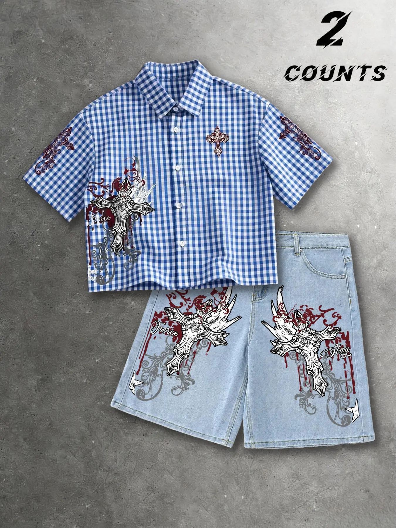 Same style for men and women, American retro Y2K clothing, 2-piece set featuring Gothic-style cross-shaped prints on checkered, Plaid casual short-sleeved shirts and trendy jeans. Suitable for Y2K, Millennial fashion, Gothic fashion, couples