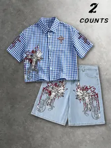 Same style for men and women, American retro Y2K clothing. 2-piece set featuring Gothic-style cross-shaped trendy prints on checkered patterned casual short-sleeved shirts and trendy jeans. Suitable for Y2K, Millennial fashion, Gothic fashion, couples’ ou