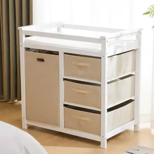(High end and high-quality)Wooden Frame Removable Top White Painted Pine Children's Cot with 3 Fabric Drawers + 1 Fabric Bag