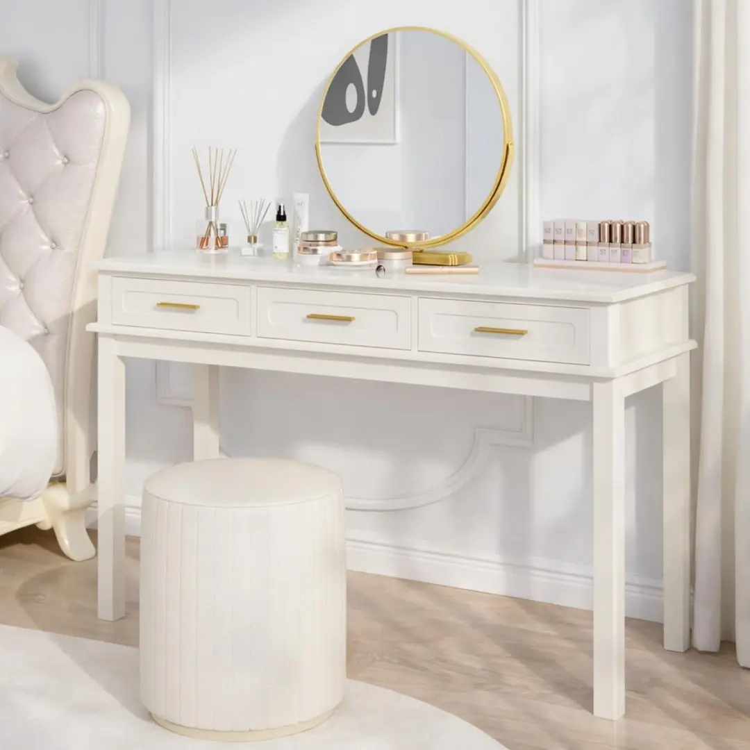 Modern Vanity Desk with Drawers, 47.2 Inch Writing Desk, Minimalist Makeup Table for Bedroom & Home Office, White and Gold Finish