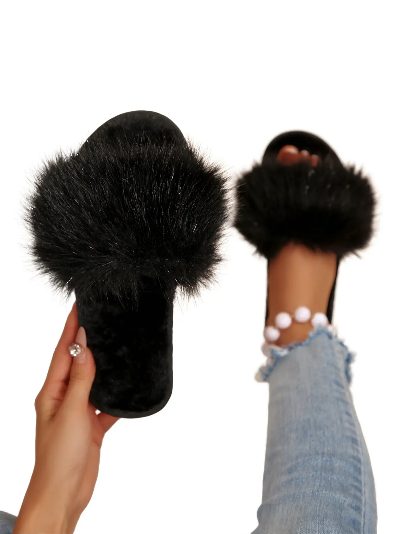 Women's Plush Fluffy Home Slippers with Comfortable Faux Fur Lining, Elegant Open Toe Design for Indoor Outdoor Wear, Perfect for Family & Casual Slipper Shoes