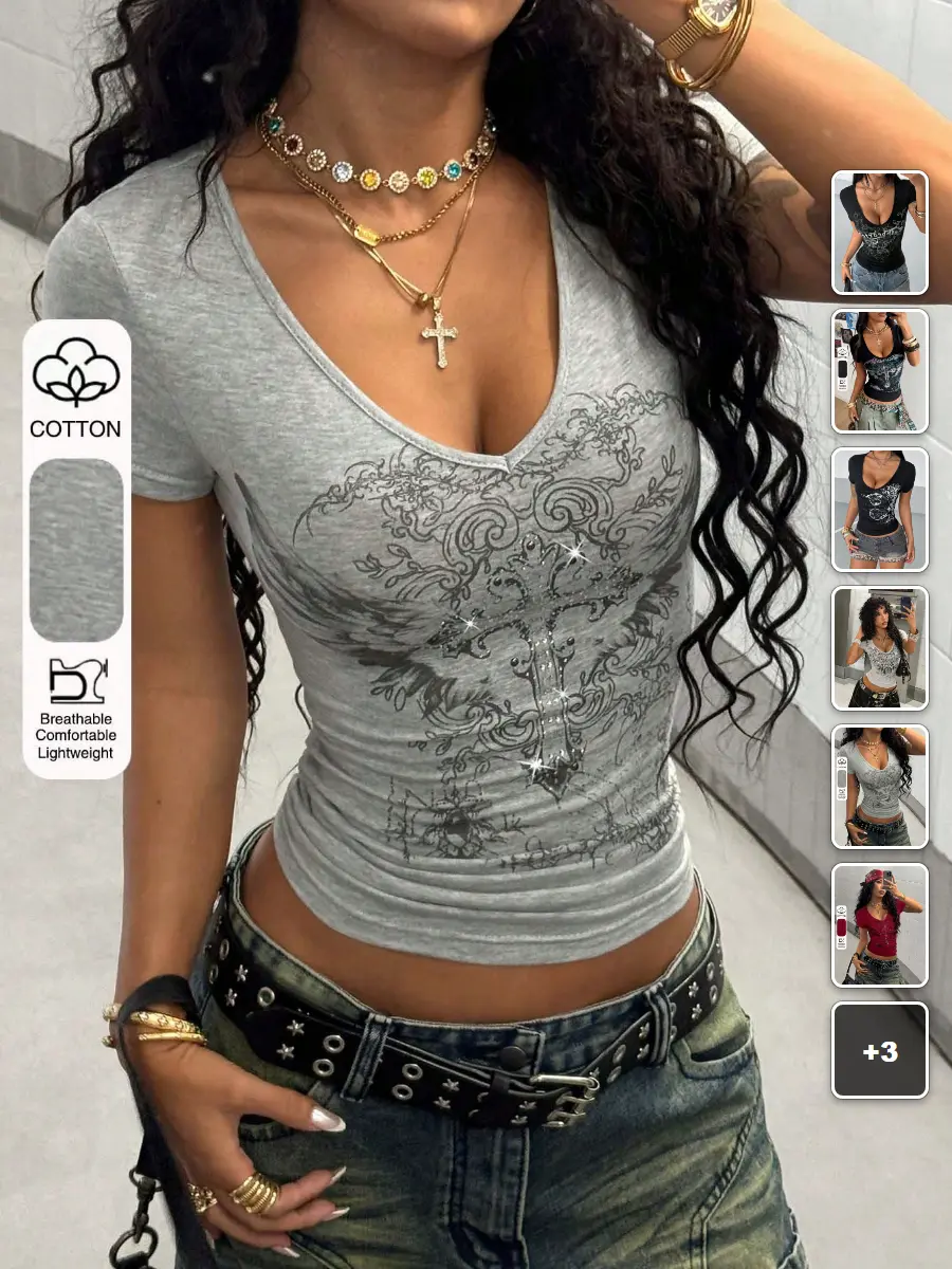 LACEX Gothic graphic tee floral print rhinestone fitted v-neck punk style streetwear