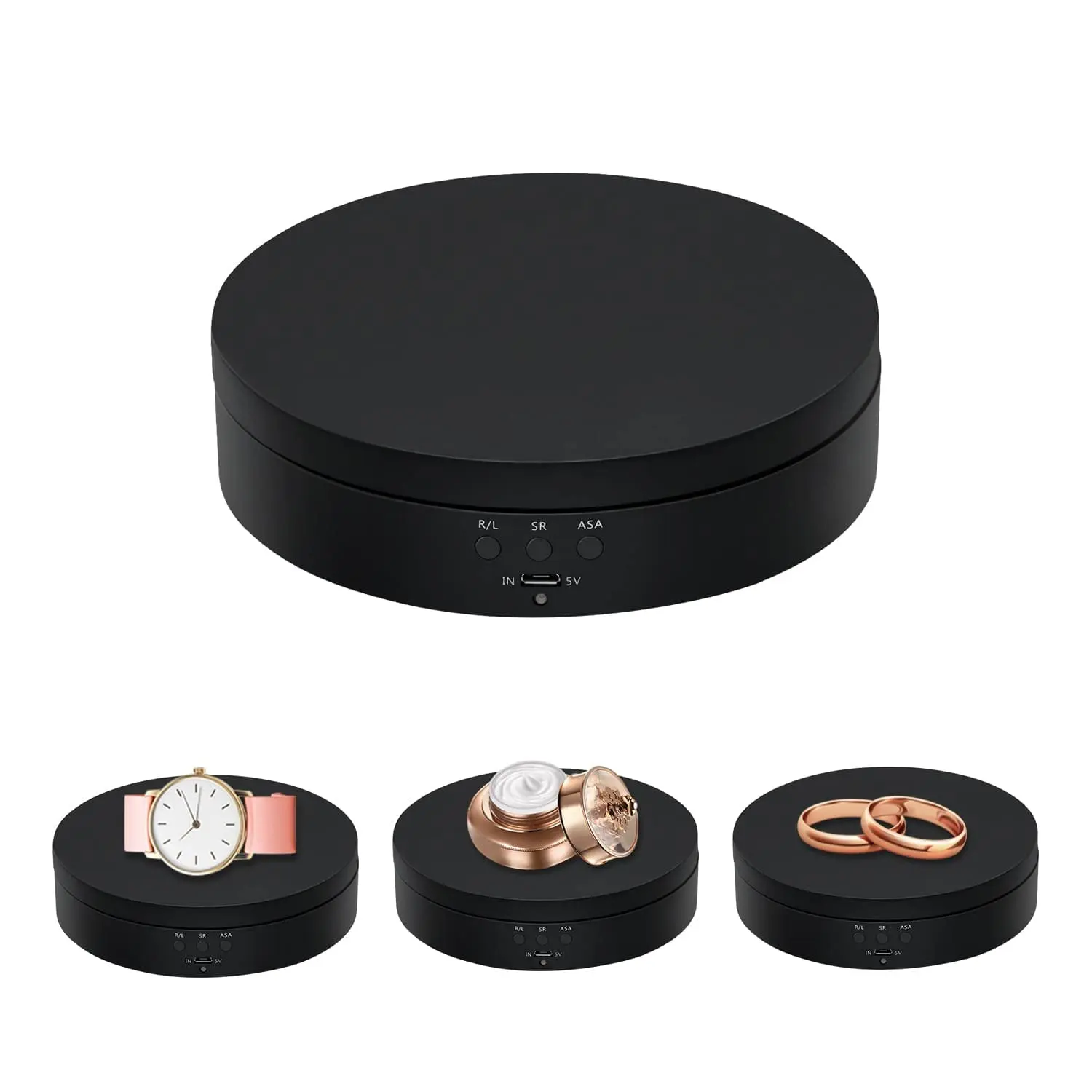 5.4 Inch Motorized Rotating Display Stand 360 Electric Turntable with 3 Speeds and 4 Angle Modes 6.6 lb Capacity USB Battery Powered for Photography Collectibles Jewelry and Tumblers