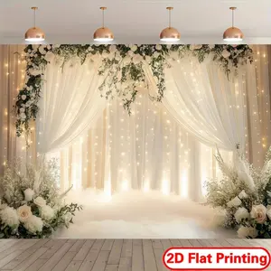 1pc 2d Dreamy White Sheer Floral Backdrop Banner Warm Star Lights & Fresh Rose Design Perfect for Wedding Ceremonies, Engagement Parties, Luxury-themed Events & Birthday Celebrations Decor