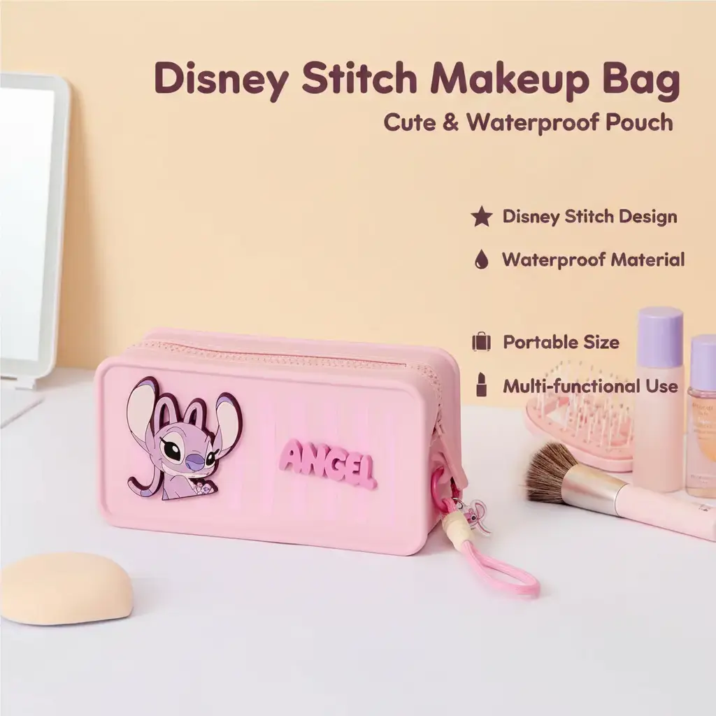 Disney Stitch Print Silicone Makeup Bag - Waterproof, Cute Cosmetic Pouch, Portable Size Character Art Travel Organizer, Multi-Functional Storage Case for Students (Cozy Vibes, Summer Vibes)