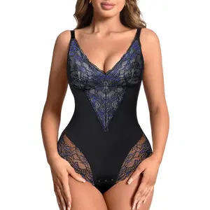 QOU Lace Bodysuit for Women Deep V-Neck Tummy Control Shapewear One-Piece Adjustable Soft Fabric Lingerie Womenswear Elegant Compression with Molded Cups and Supportive Side Mesh