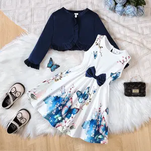 Ready Stock 4-7 Years Girls Butterfly Floral Print Bow Dress with Ruffled Cardigan Two-Piece Elegant Clothes Set Navy Blue 22504040