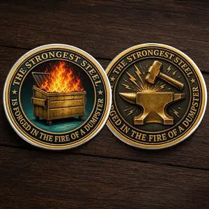 Strongest Steel Forged Coin, Dumpster Fire Challenge Coin, Blacksmith Anvil Token, Funny Motivational Gift, Resilience Keepsake