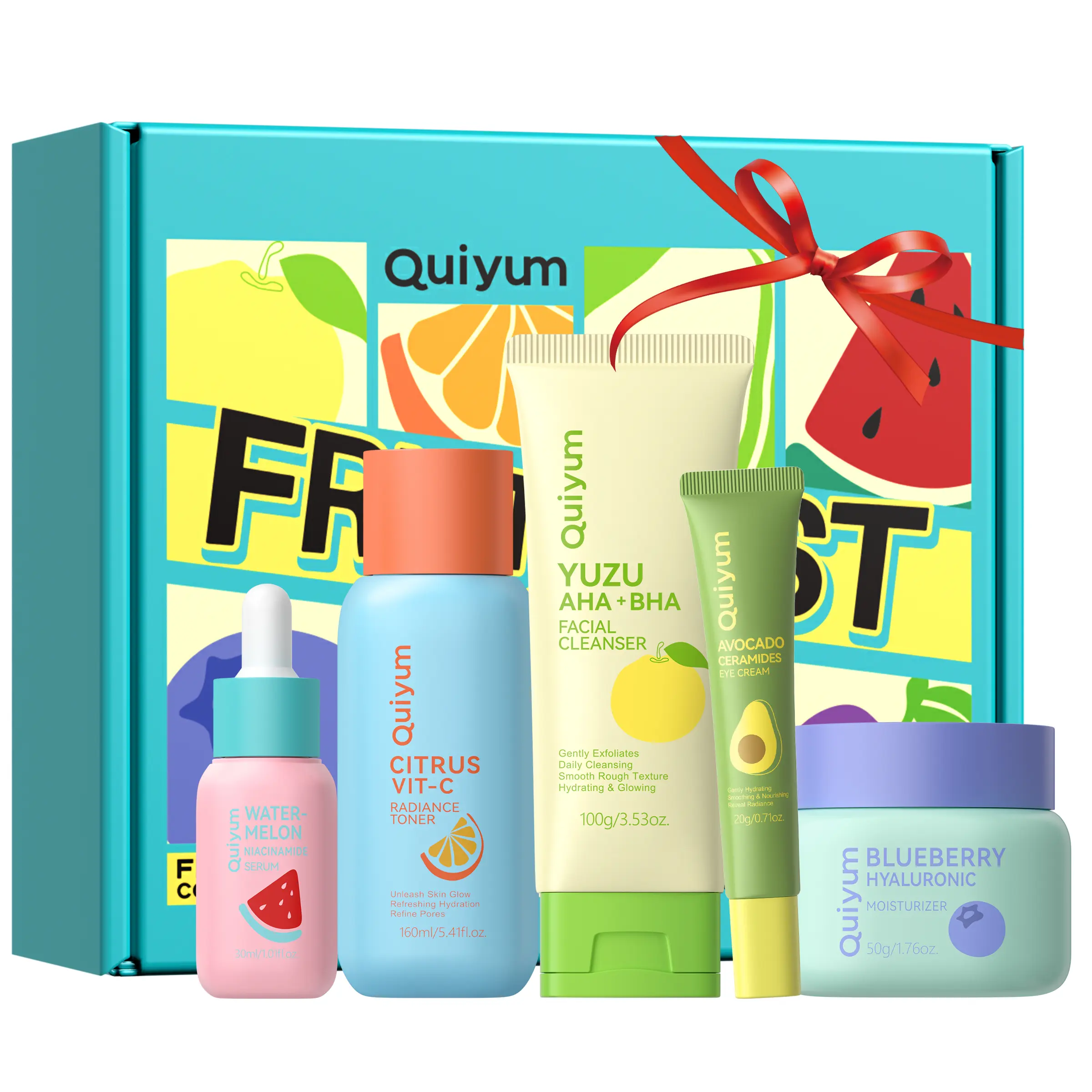 QUIYUM Teen Fruit Skincare 5-Piece Daily Routine Multi-Pack Boxed Skin Care Kit - Exfoliating, Smoothing, Cleansing, Oil-Control, Firming, Hydrating, Glowing - Gift Ready Girls' Gift for All Skin Types, Self Care Products, Exfoliate & Glow, Boxed Skin Car