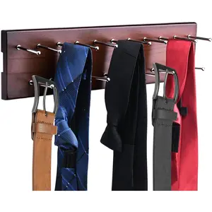 Wall Mounted Tie Rack, Wood Belt Hanger for Closet with 21 Chrome Hooks, Belt Storage Organizer for Men Belts, Ties, Scarves