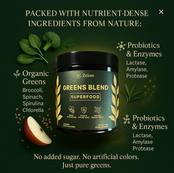 Zelore Greens Blend Superfood Powder Mix for Energy Organic Spirulina Chlorella Beet Root Digestive Enzymes Probiotics 37 Servings 300g 10.5 OZ