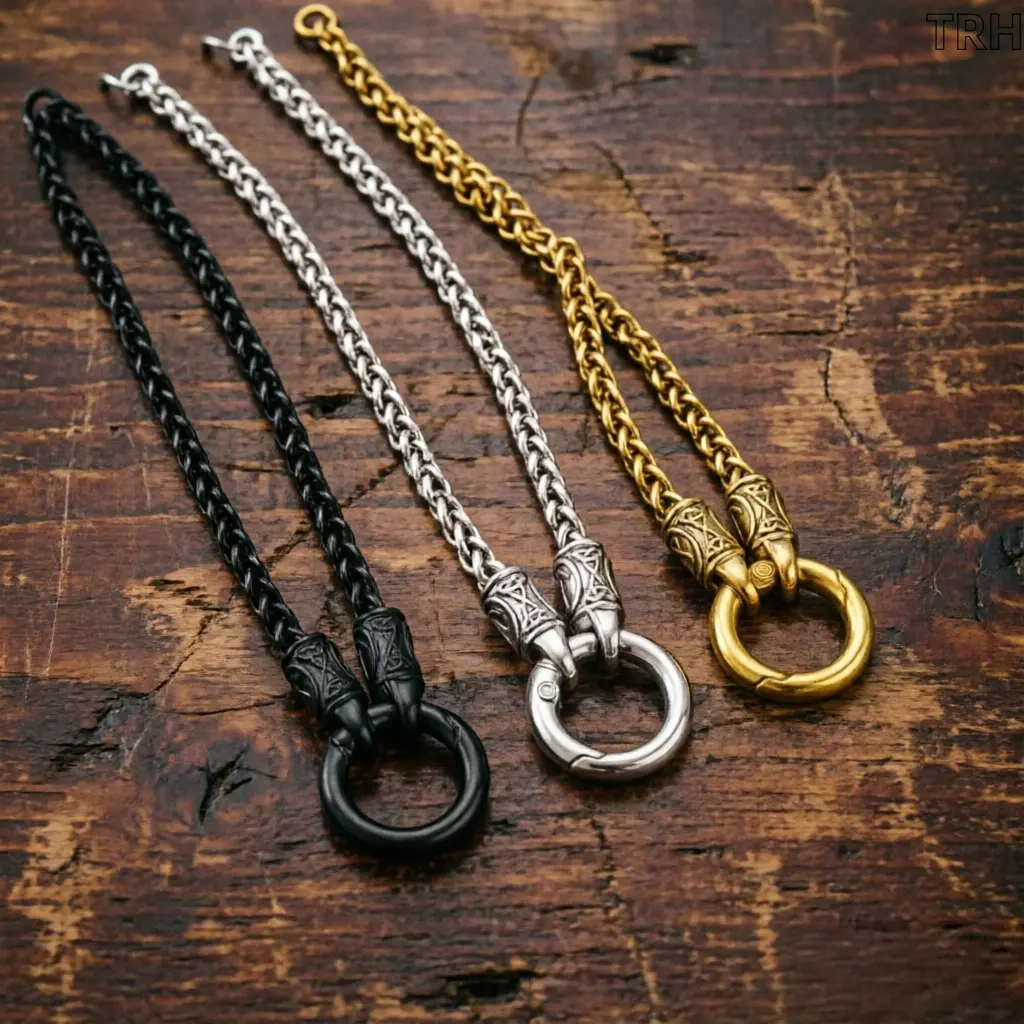 Vintage Viking Spring Ring Clasp Wheat Chain Necklace for Men, Retro Carved Knot Pattern Thick Twisted Link Chain, Multi Tone Stackable Gothic Streetwear Pendant Chain Jewelry Gift