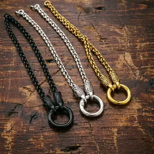 Vintage Viking Spring Ring Clasp Wheat Chain Necklace for Men, Retro Carved Knot Pattern Thick Twisted Link Chain, Multi Tone Stackable Gothic Streetwear Pendant Chain Jewelry Gift