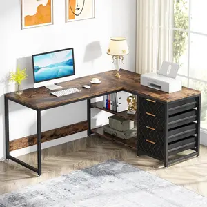 Tribesigns 59" L Shaped Computer Desk With Storage for Home Office, Reversible Corner Desk With Shelves and Drawers, Brown Workstation