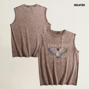 Holafish Women's Vintage Acid Wash Crew Neck Tank Top Freebird Print Cotton Sleeveless Loose Relaxed Fit Summer Essential for Vacation Beach Daily Wear Summervibes
