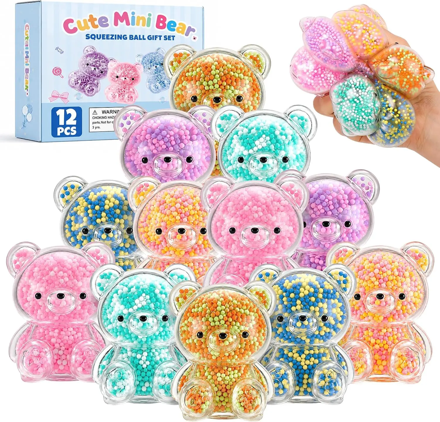 12-Pack Bear Squishy Stress Squeeze Balls, Calming Fidget Toys for Kids & Adults, Ideal for Party Favors, Birthday Gifts, Classroom Prizes Mellow Squishy Fidget Squishies Hand Squeeze Ball Decompression Squishy