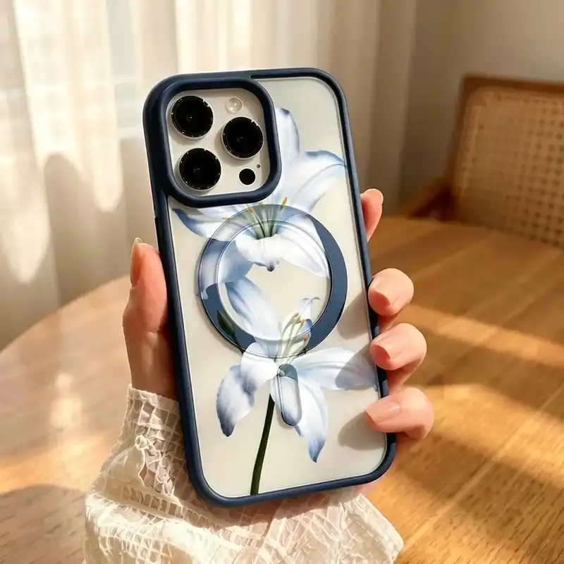 MagSafe-Ready Magnetic TPU Protective Case for iPhone 11/12/13/14/15/16 Pro Max (Blue Lilies) - Light Yet Tough, Durable, Anti-Slip Grip, Aesthetic Phone Accessory with Resistance for Daily Use