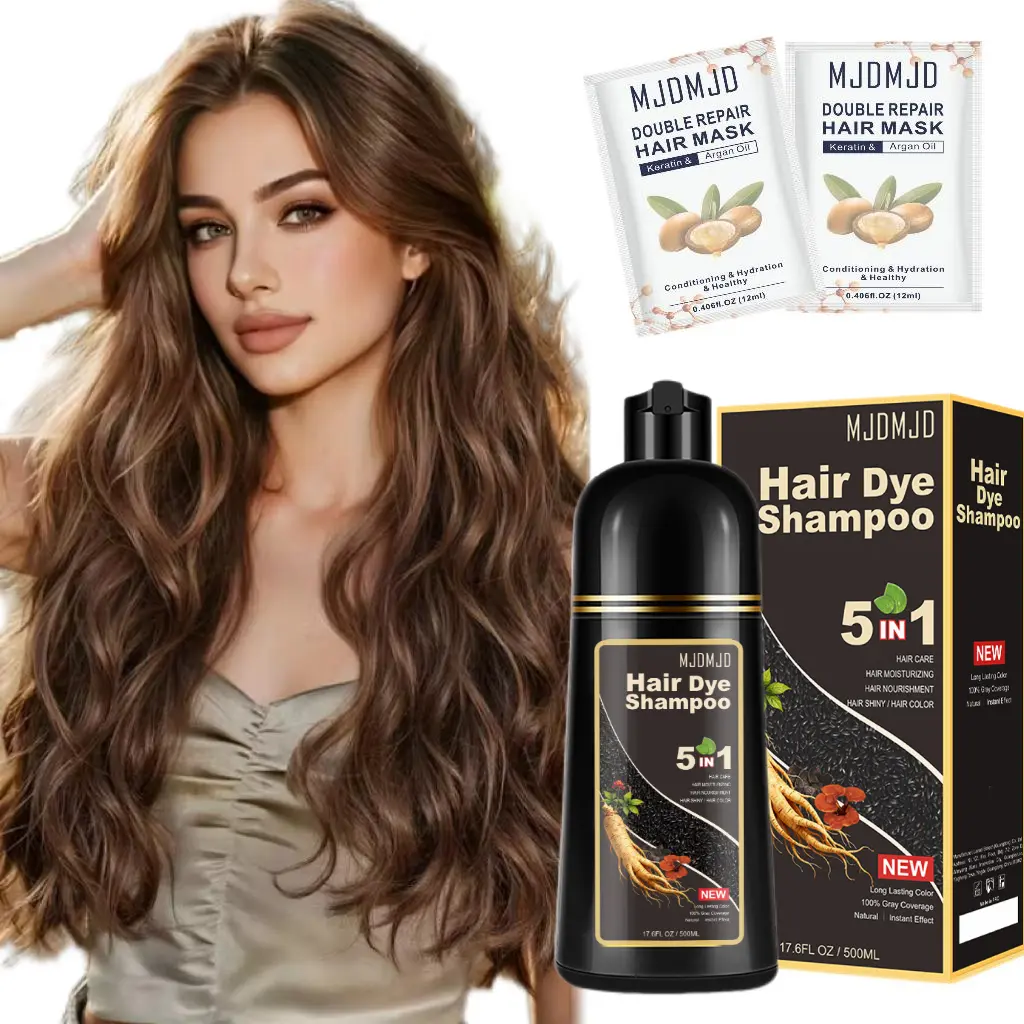 Light Brown 5-in-1 Hair Dye Shampoo – Unisex Herbal Hair Color, Quick Gray Coverage, Long-Lasting Vibrancy, Nourishing & Repairing, Ammonia-Free, Paraben-Free, Gentle & Safe, 16.9 Fl Oz  Complimentary Hair Mask